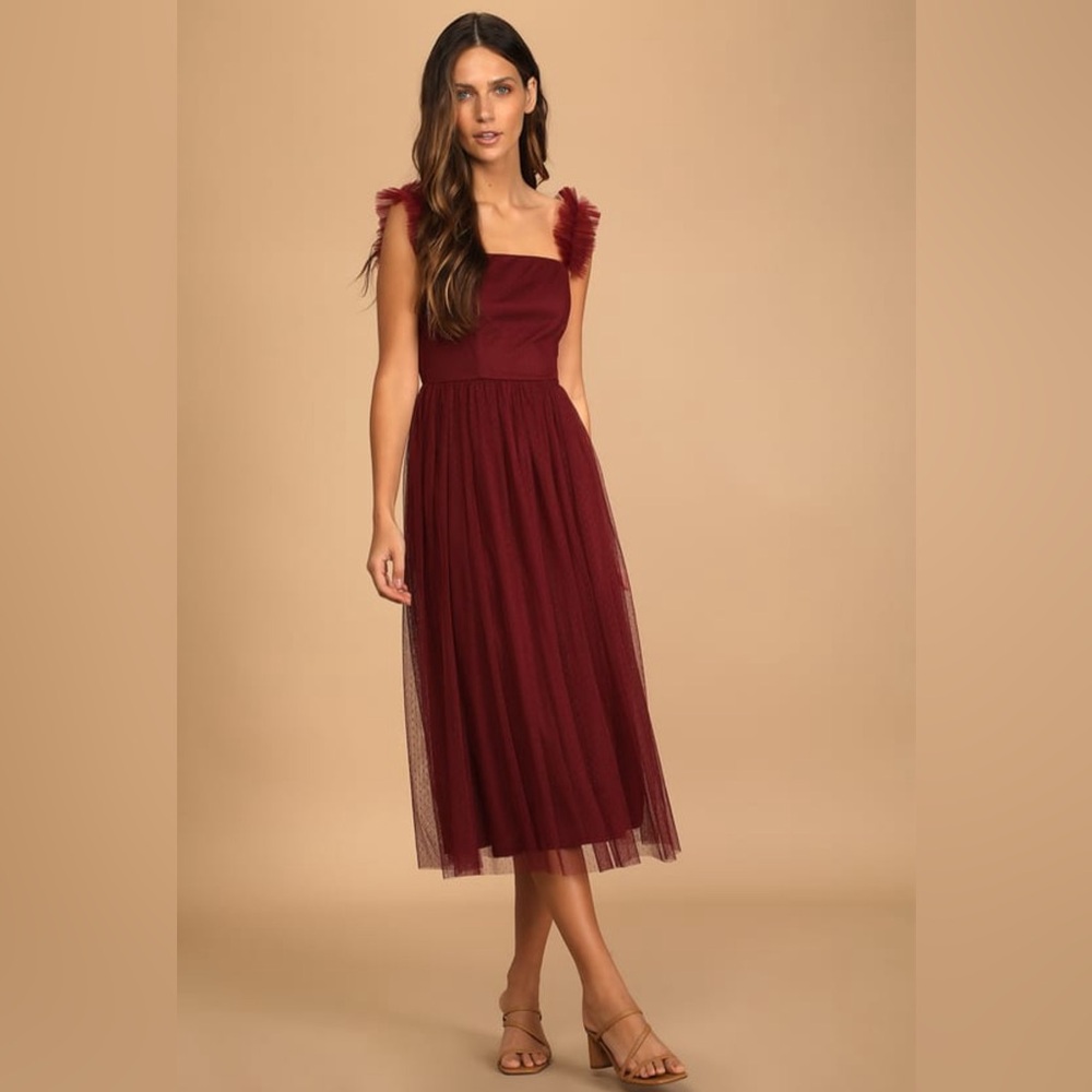 Divine invitation burgundy tulle Swiss dot ruffled midi dress